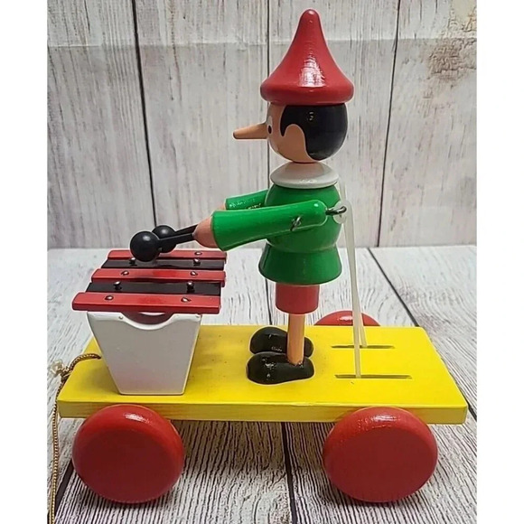 Vintage Unbranded Wooden Pinocchio Pull Toy Figure Yellow Red Green 7.5" - Picture 6 of 8
